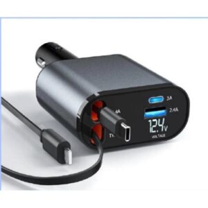 ITECH Cargador de Auto 120W 4en1 (puerto C + USB + cable C + cable Lightning)