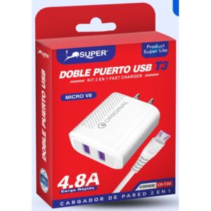 Super Cargador Doble Puerto USB T3 Micro-V8 4.8A (cargador de pared 2en1)